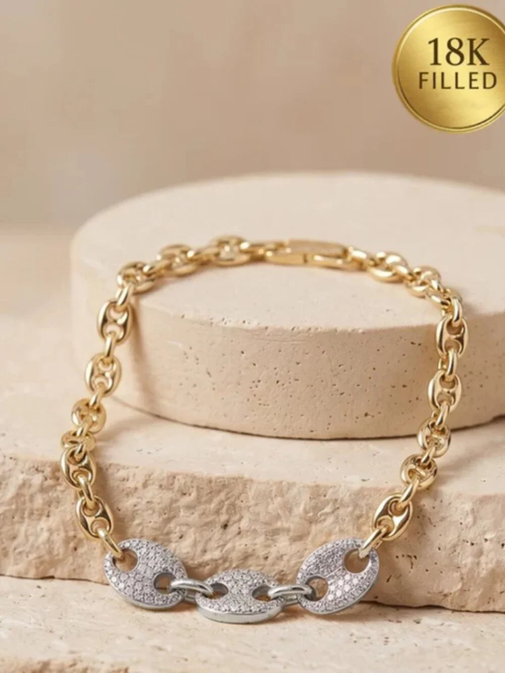 Two-Tone Pave Mariner Style Link 18K Gold Filled Bracelet - New Luxe Line - Picture 4 of 6